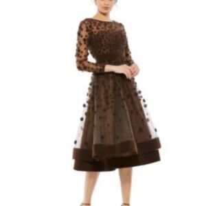 Mac Duggal 67007 Brown Embellished Illusion High Neck Long Sleeve Fit & Flare Dr